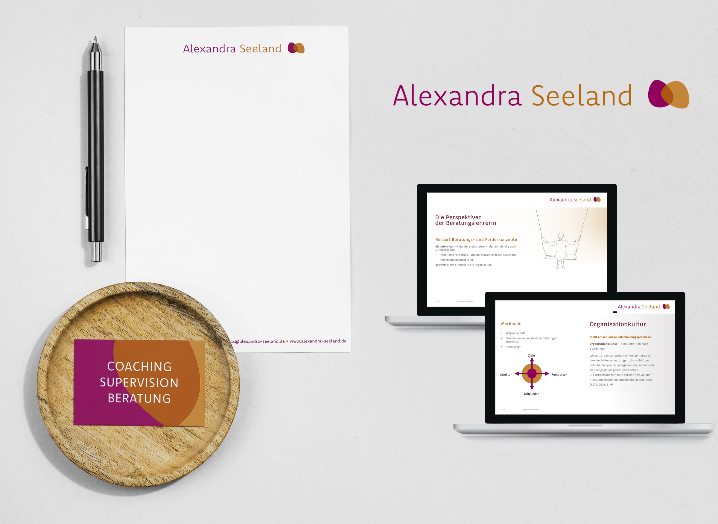 Darstellung der Visitenkarte, Briefpapier und Powerpointfolien