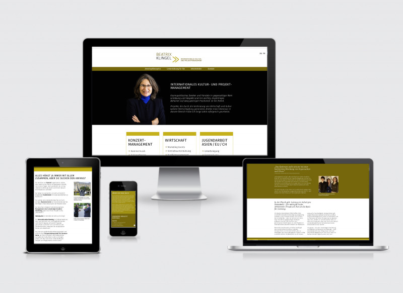 Darstellung verschiedener mobiler Endgraäte mit Website Beatrix Klingel
